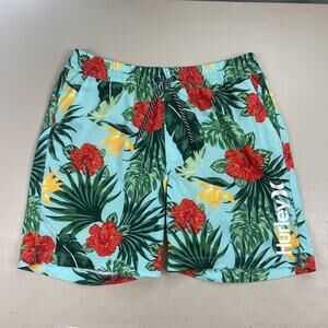 Hurley Hybrid Swim Shorts Mens Large Hibiscus Volley Tropical Floral Blue Trunks